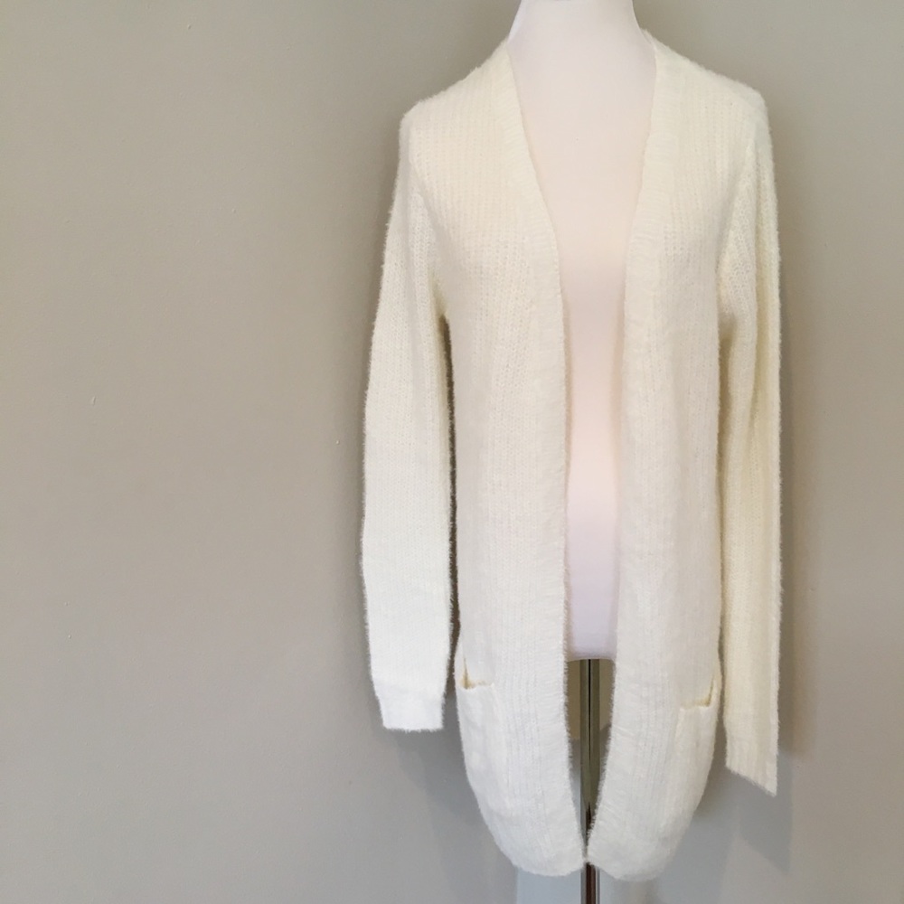 Fuzzy Cardigan Sweater Knitted Slim Fit Open Front Long Sleeve White Warm & Cozy - Picture 9 of 13